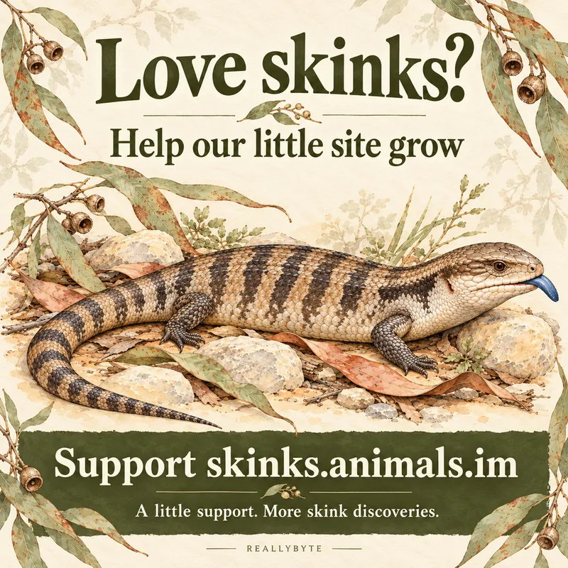 Watercolour poster of a blue-tongued skink resting on rocks among eucalyptus leaves and gumnuts, headed &lsquo;Love skinks? Help our little site grow&rsquo; with a green banner reading &lsquo;Support skinks.animals.im: a little support, more skink discoveries&rsquo;
